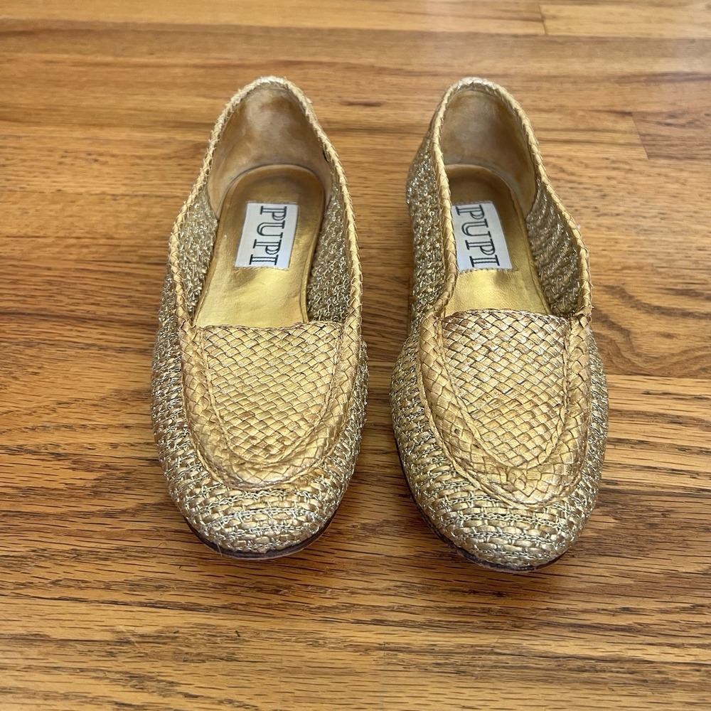 Vintage Pupi Dangieri Designer Italy Shoes Gold All Leather Woven 6.5B Glam RARE - Picture 2 of 7